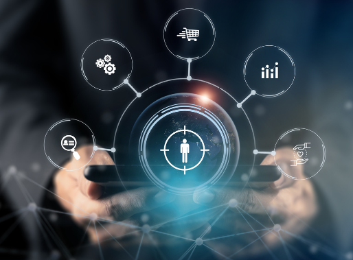 Icon with person in middle surrounded by cogs, magnifying glass, chart and improvement charts